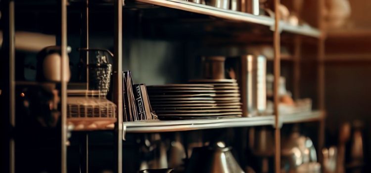 Cubos de almacenaje y estanterías con útiles de hogar