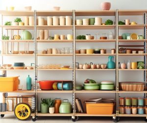 Estantería y cubos con útiles de cocina